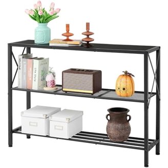 ONBRILL 70.8 Inch Extra Long Industrial Console Table - 3-Tier Sofa Table With Metal Frame, Black/Brown