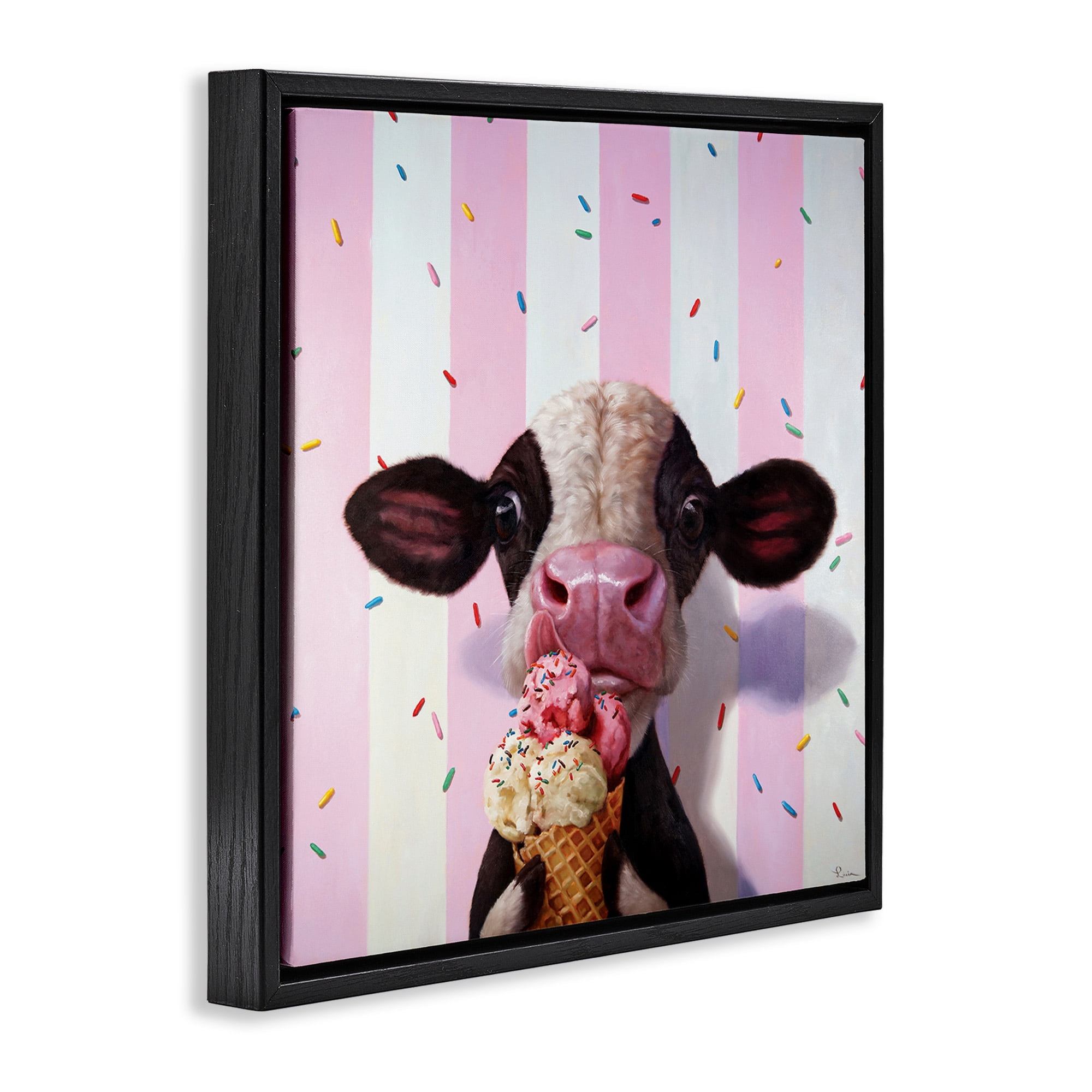 Stupell Industries Cow with Ice Cream Cone Animals & Insects Painting Black Floater Framed Canvas Art Print Wall Art, 25 x 25