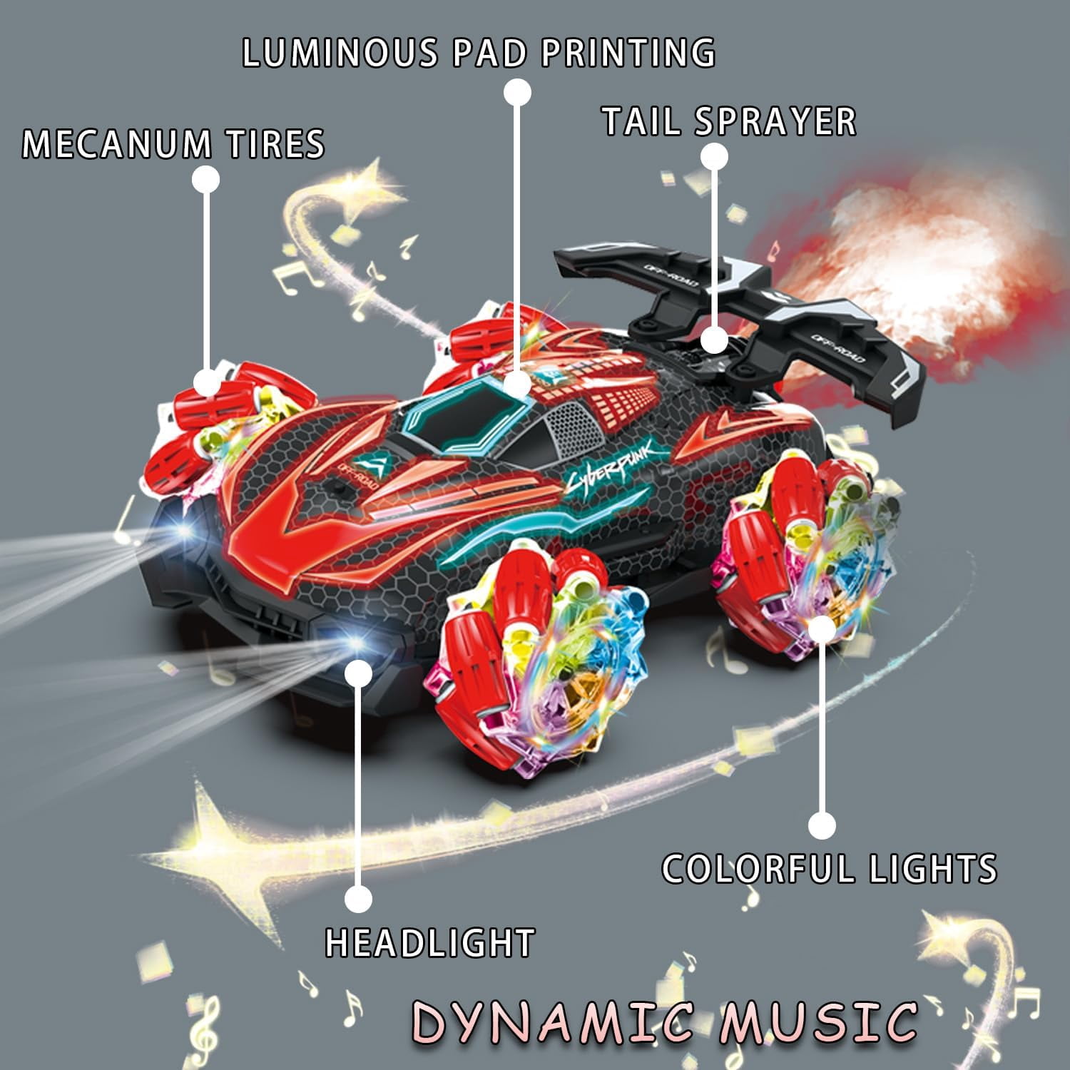 Funtogether Toys RC Gesture Sensing Stunt Car with Spray, Lights & Music, 360° Rotating 4WD Transforming Remote Control Car for Boys Ages 6–12