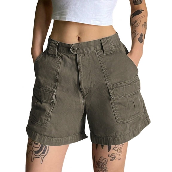 EMMIOL Women's Mid Waist Cargo Shorts Elastic Waist Casual Summer Cotton Shorts with Pockets