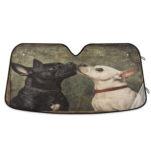 Qxltty Black and White Dog Car Windshield Sunshades Foldable UV Rays Sun Visor Protector Keep Your Vehicle Cool 53×23.5in