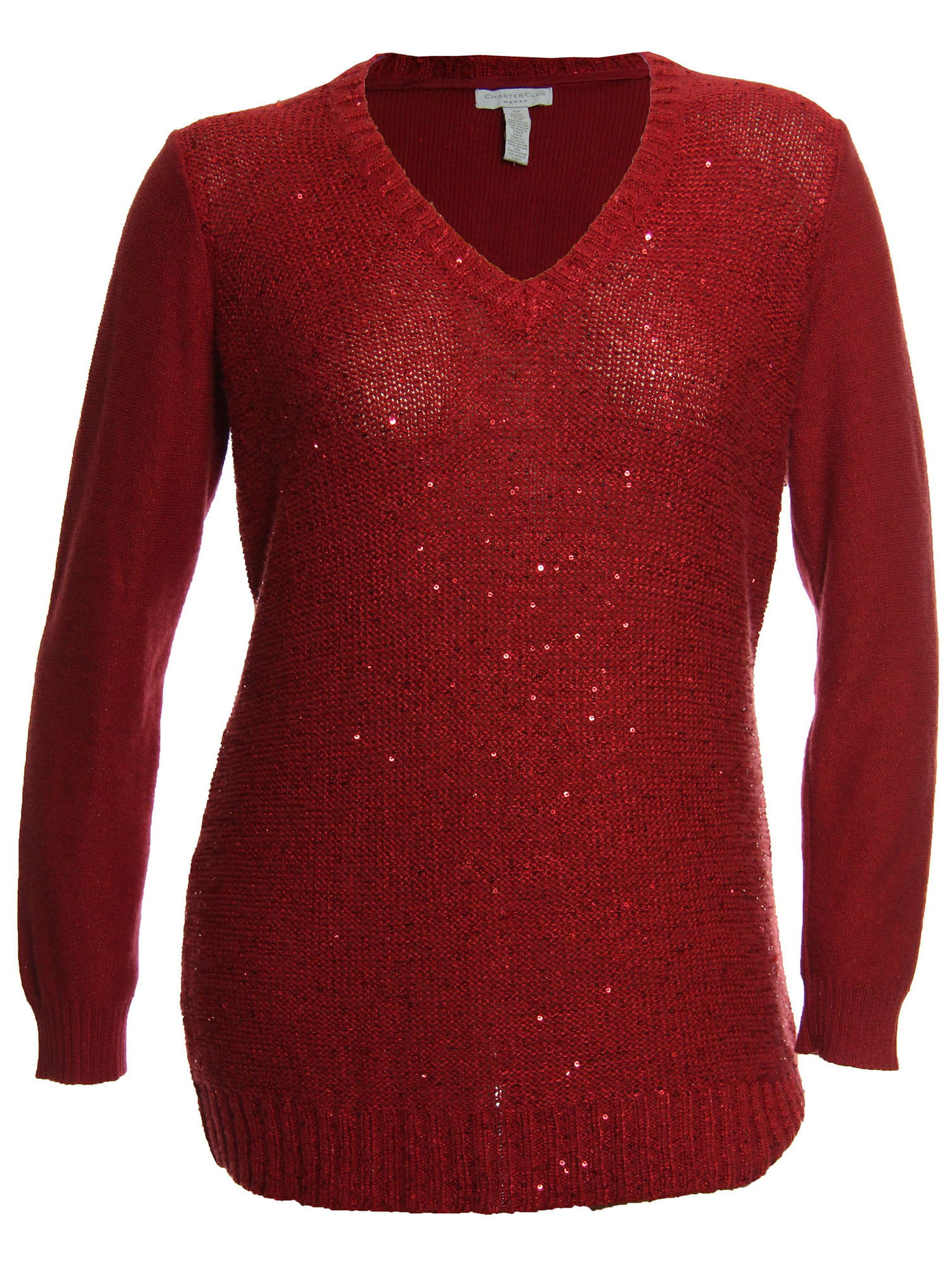 Charter Club Womens Plus SIze V-Neck Long Sleeve Sweater 0X Red