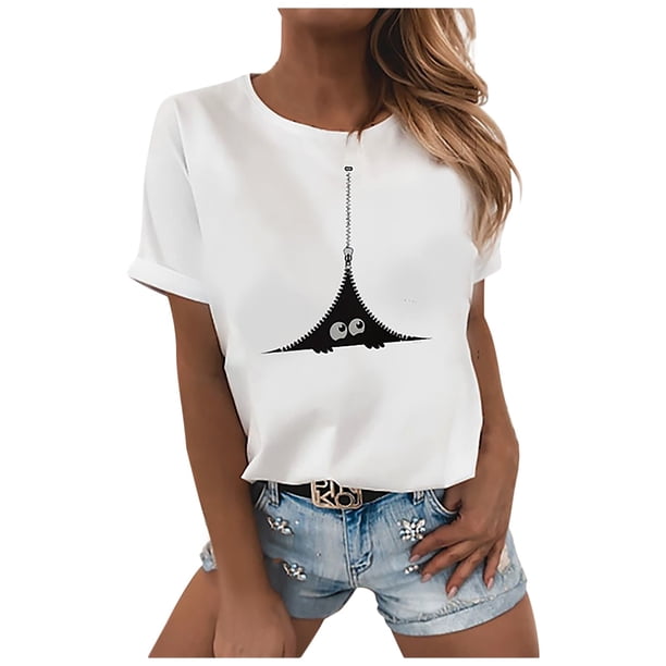 Gibobby Casual Playera de Manga Corta para Mujer Camiseta sexy manga corta con estampado para mujer, camiseta informal holgada verano, blusa divertida y peculiar pa(Azul,G)