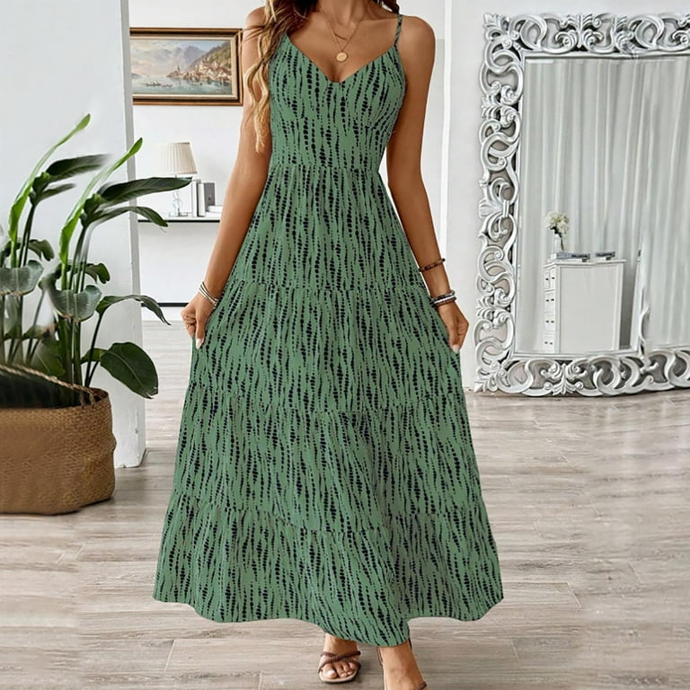 DailyTrove Women's Printed Maxi Dress-Spaghetti  Strap-High-Waisted-Rayon-for Casual Weekend/Outdoor Picnic-Boho Printed  Style - Walmart.com