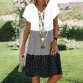 thumbnail image 1 of CHOK Robe Mini Décontractée pour Femme Grande Taille Été Ample Mode Patchwork Col en V à Rayures à Pois Manches Courtes Volant Ourlet à Étages en Lin Robe de Plage Soleil en Liquidation, 1 of 5