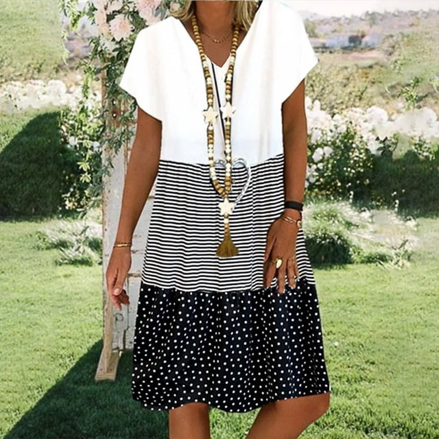 CHOK Robe Mini Décontractée pour Femme Grande Taille Été Ample Mode Patchwork Col en V à Rayures à Pois Manches Courtes Volant Ourlet à Étages en Lin Robe de Plage Soleil en Liquidation