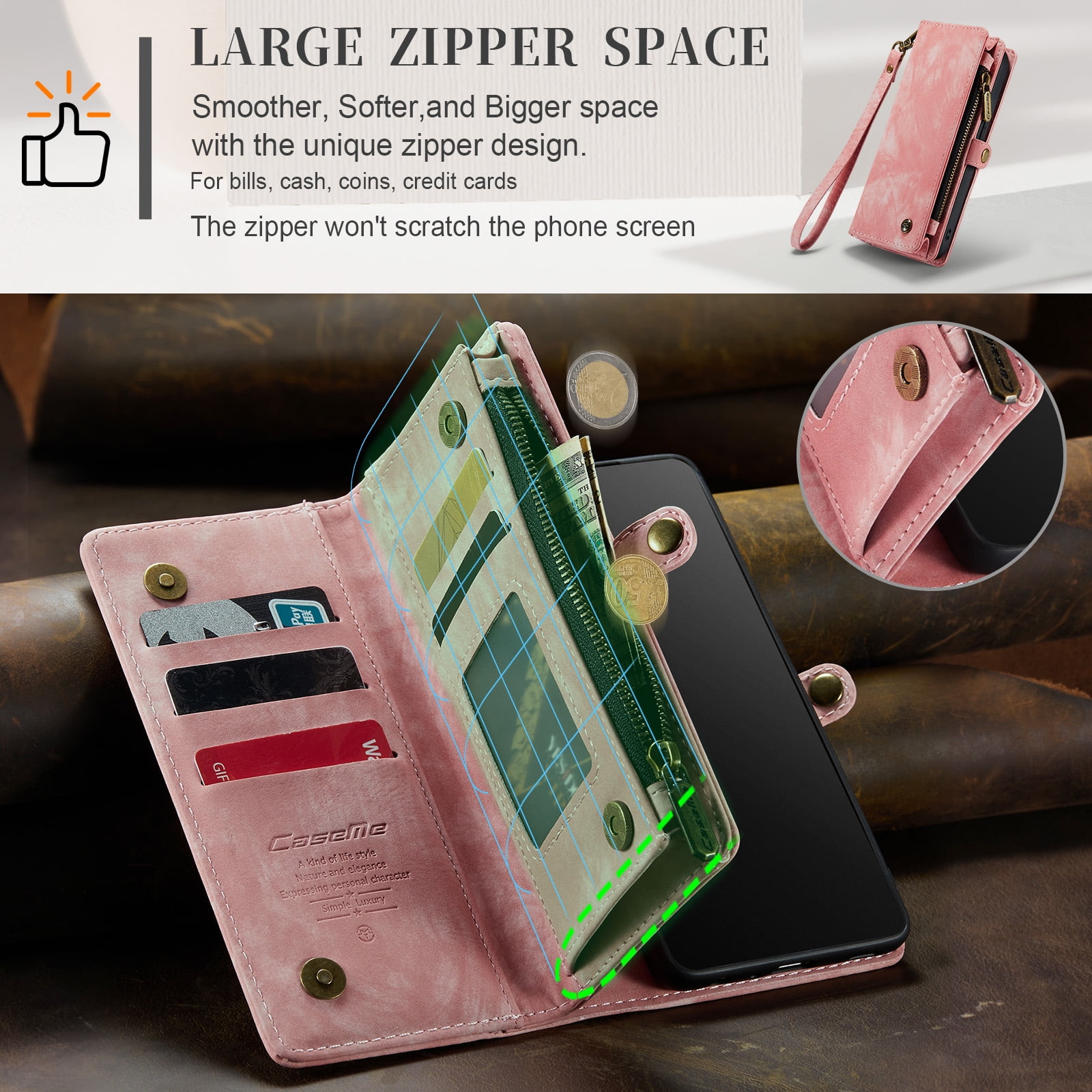 Feishell Durable 2-In-1 Magnetic Detachable Wallet Case for iPhone 12 / iPhone 12 Pro,for Women Men,Premium PU Leather Zipper Pocket Flip Multi Card Slots Purse Phone Case with Wrist Strap,Pink