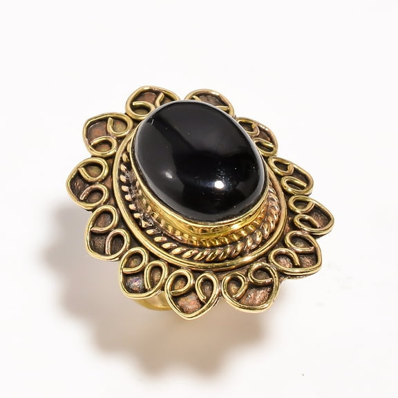 SATYAVIE JEWELLERY Black Onyx Gemstone Ring, Brass Ring Handmade Ring for Women Fashion Jewelry Boho Ring Size US 5.5