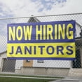 thumbnail image 2 of Now Hiring Janitors 13 oz Heavy Duty Vinyl Banner Janitor Jobs Available Custodian Help Wanted Sign for Business Advertising Indoor/Outdoor Single-Sided with Metal Grommets (4x6 ft, Bl & Ye), 2 of 6