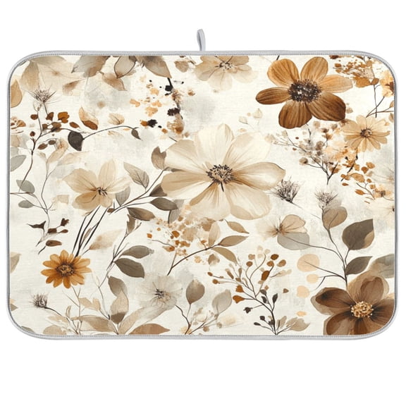 Dish Drying Mat for Kitchen Counter | Reversible, Super Absorbent & Hanging | 16x18 / 18x24 Inch (S/M)，Brown Flower