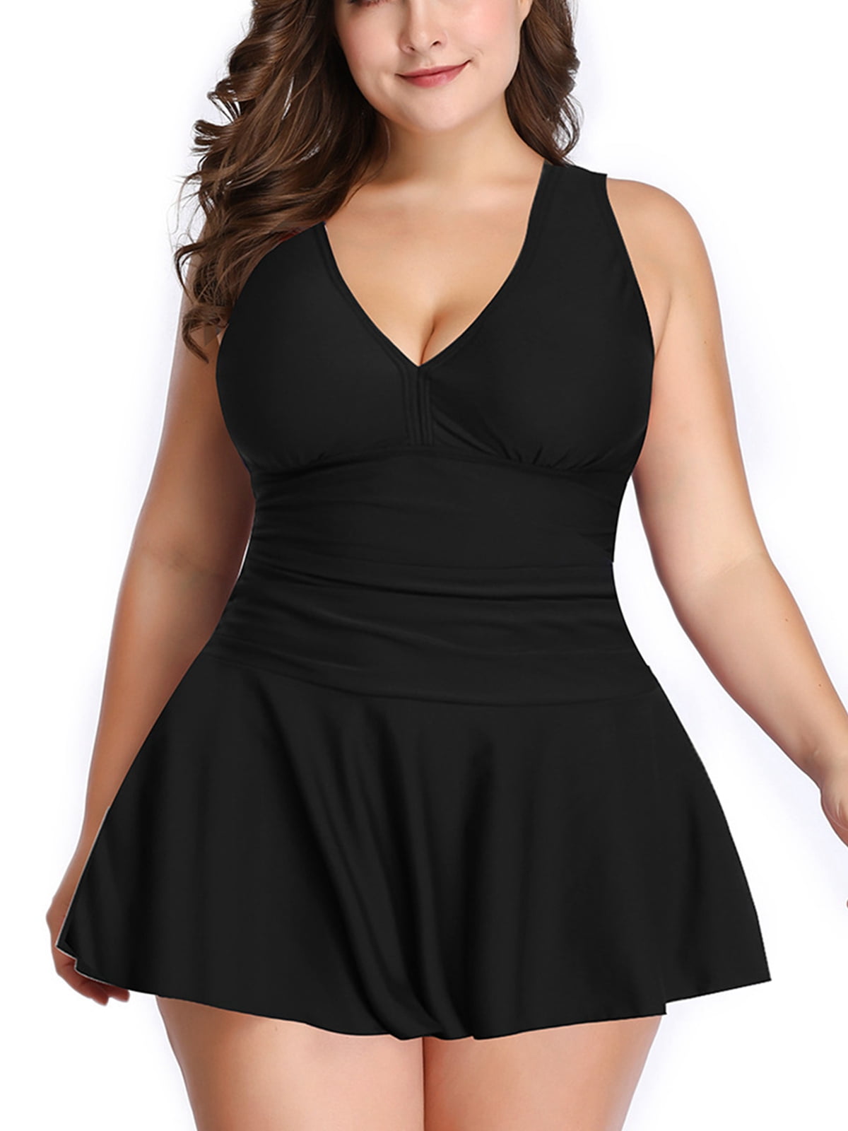 CUE AIR Women's Plus Size Swim Dress 2-Piece Swimsuit with Flared Skirt ...