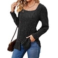 thumbnail image 4 of Hibeli Women Square Neck Long Sleeve Buttons Side Slit Hem Ribbed Tunic Tops, 4 of 7