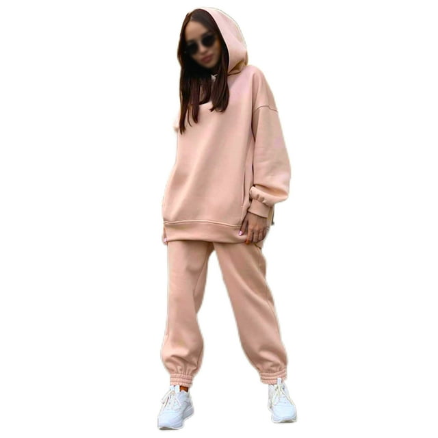 LUXUR Ladies Jogger Set Solid Color Two Piece Outfit Long Sleeve Sweatsuits Drawstring Trousers Lounge Sets Plain Apricot Yellow S