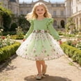 thumbnail image 2 of Tisuna Toddler Girls Floral Lace Dresses With Long Sleeve Crew Neck Midi Party Dress Elegance Stylish Fit Little Girls Spring Autumn Play Dress Green Size 6-7 Years, 2 of 9