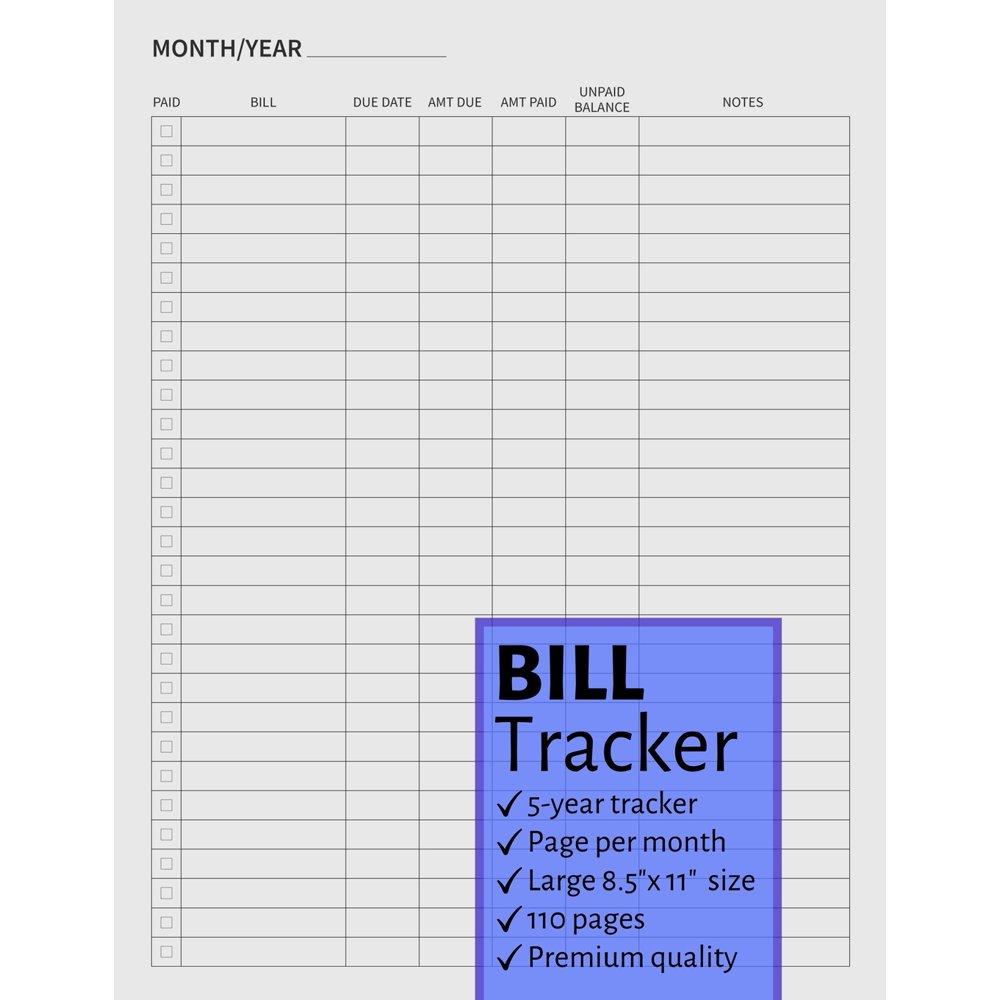 Bill Tracker Diary Journal Bill Tracker 5Year Paid Bills Organizer