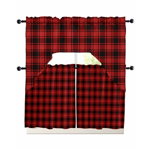 Red Black Plaid Kitchen Curtains Sets 24 Inch Length with Valance, Vintage Farmhouse Abstract Buffalo Check Swag Valances and Tiers Curtain Set Drapes Swag Curtains for Living Room, Bathroom, Bedroom