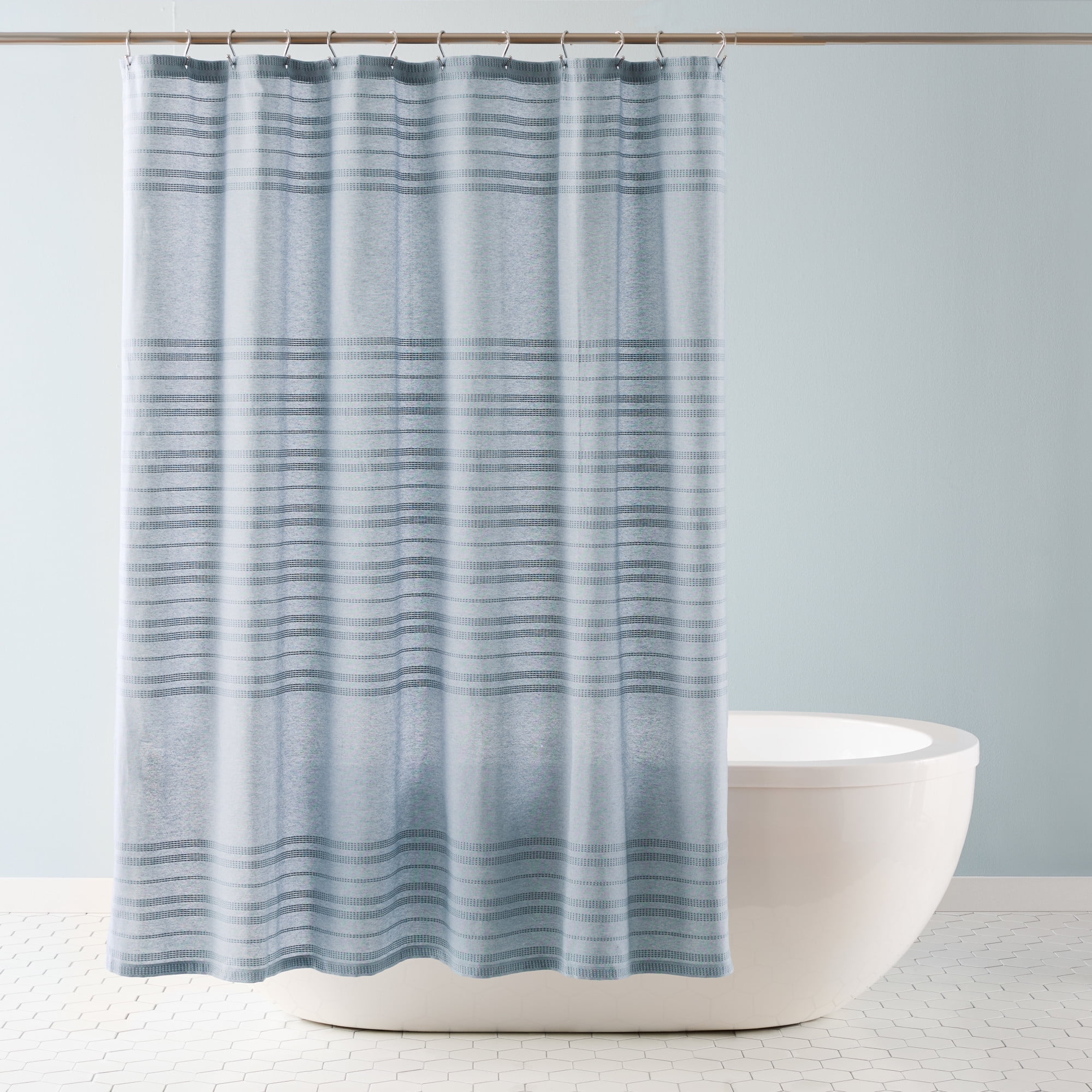 TOWN & COUNTRY EVERYDAY Sophia Textured Solid Cotton-Rich Breathable Fabric Shower Curtain with Reinforced Buttonhole Top Hem, Blue, 70"x72"