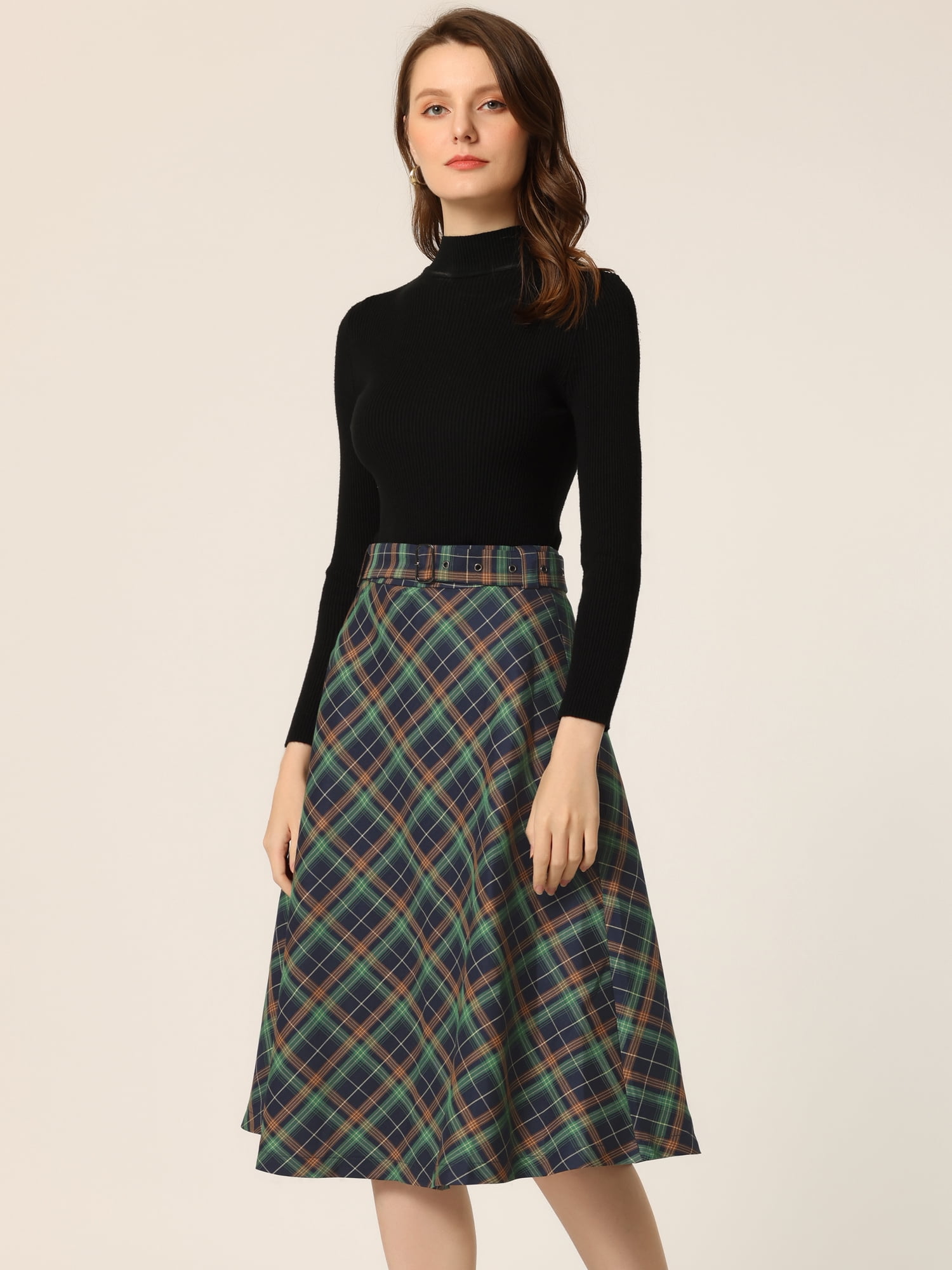 DARING DIVA Women's Plaid Belted Vintage A-Line Midi Skirt 3XL Blue Green