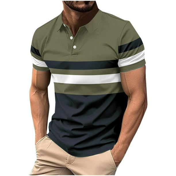 pstuiky camisetas de hombre, Blusa informal de manga corta con cuello vuelto y botones con costuras a rayas para hombre camisas casuales para hombre l