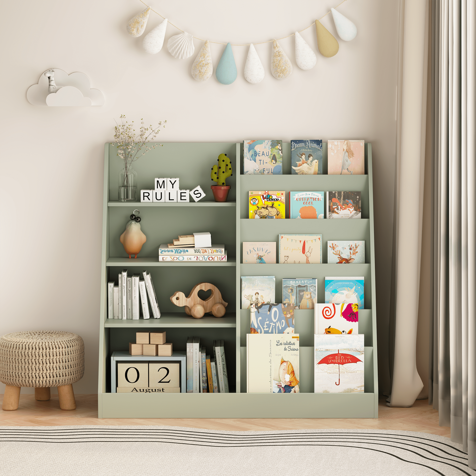 Kids Bookshelf and Toy Storage Organizer, Multifunctional 4 Tier Wooden Kids Book Shelf with Bookcase Display Stand in Kids Room Playroom Nursery for Kids, Children, Toddlers (Sage)