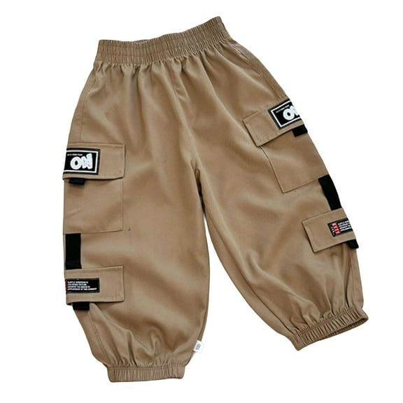 LIIPEE Girl Boy Cargo Pants Elastic Waist Wide Leg Work Trousers With Pockets Infant Classic Party Stretch Street Outdoor Hiking Pants,Khaki,1-2 Years