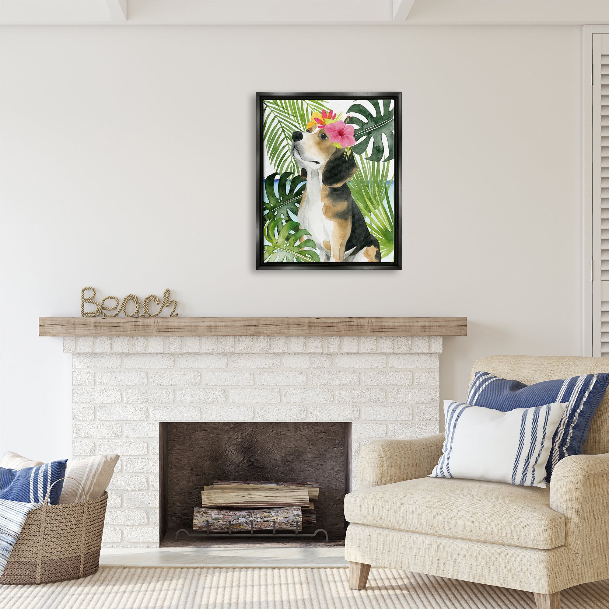 Stupell Industries Puppy with Hibiscus Animals & Insects Painting Black Floater Framed Canvas Art Print Wall Art, 25 x 31