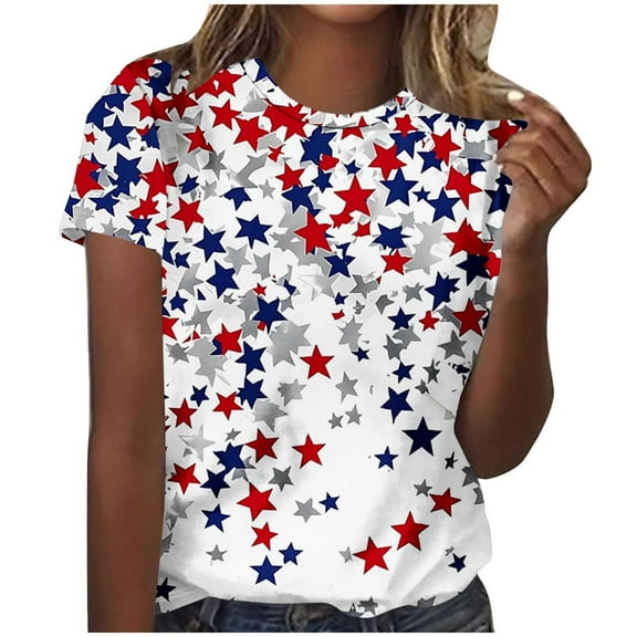 SELONE Red White Blue Shirts Independence Day Summer Tops Fashion Round Neck Short Sleeve T Shirt Blouse Loose Tops Womens American Flag Apparel Plus Size Patriotic Clothing Black XL