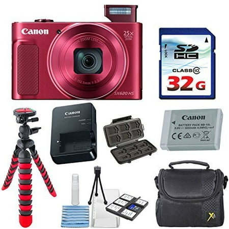 Canon PowerShot SX620 HS Digital Camera (Red) with 32GB High Speed Memory Card + Deluxe Camera Case + Flexible Spider Tripod + Starter Kit & Deluxe Accessory