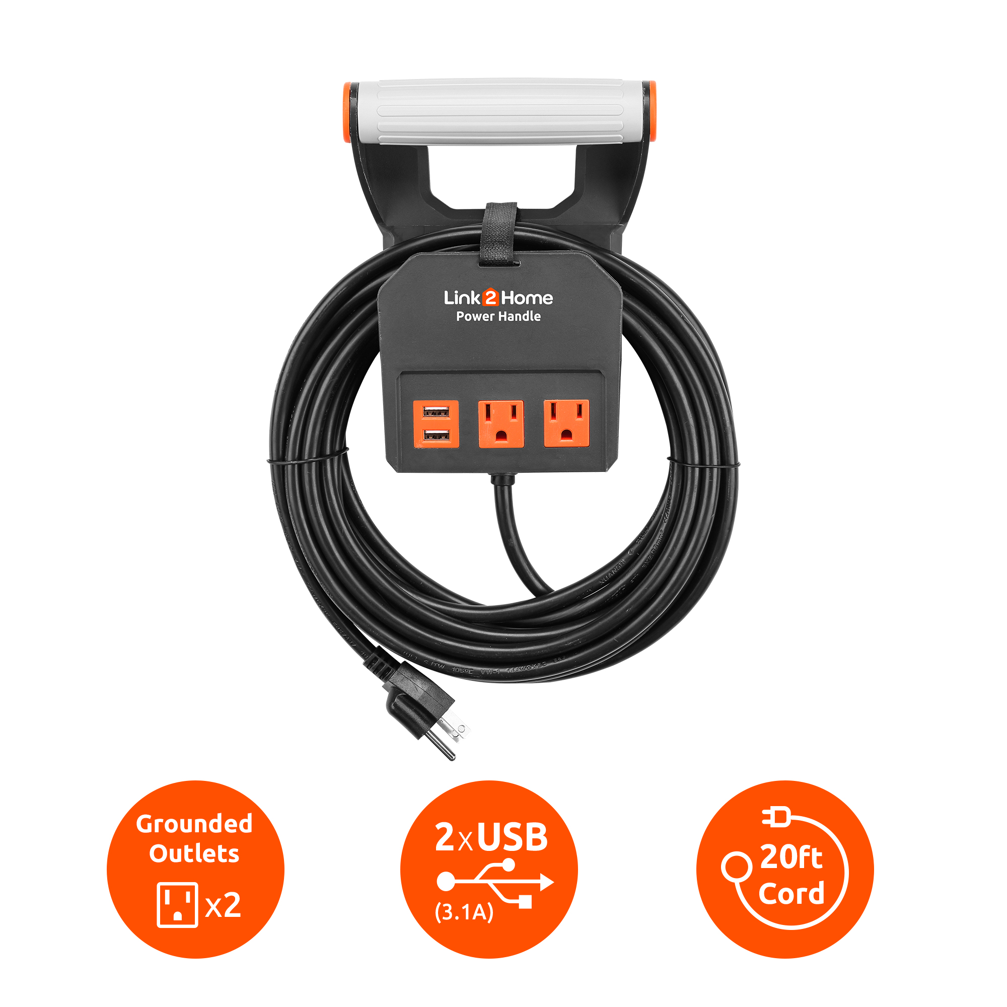 Link2Home Power Handle Extension Cord, 20 ft . 14AWG, 2 Outlets 15A