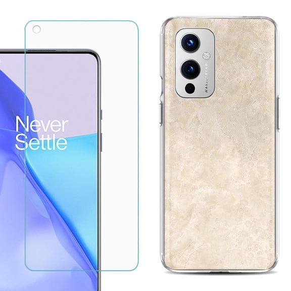 Slim-Fit TPU Phone Case Compatible with OnePlus 9 5G, with Tempered Glass Screen Protector, by OneToughShield ® - Marble / Latte