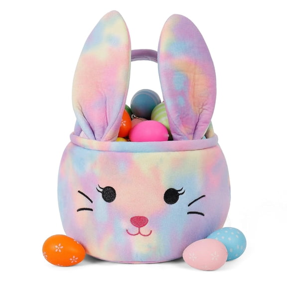 Easter Bunny Baskets for Kids, Egg Hunt Bags Plush Rabbit Bucket with Foldable Ears Easter Gifts for Boys and Girls