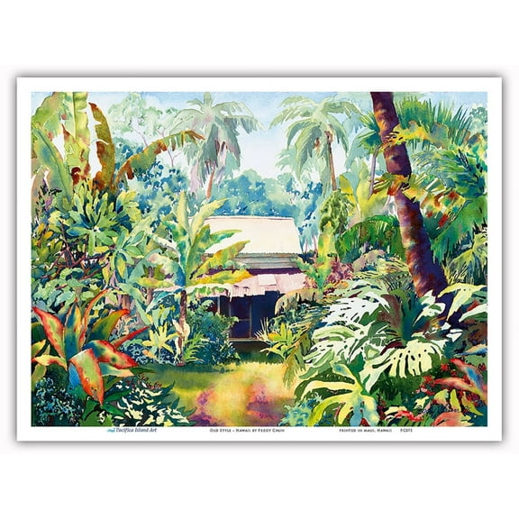 Old Style - Hawaiian Jungle Surf Shack - From an Original Hawaii Watercolor Painting by Peggy Chun - Master Art Print (Unframed) 9in x 12in