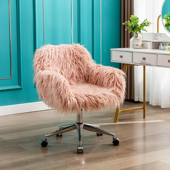 Westice Faux Fur Home Office Desk Chair, Fluffy Vanity Chair for Women Girl, Makeup Chairs with Rolling Wheels Armrest Chair for Bedroom Living Dressing Room, Pink