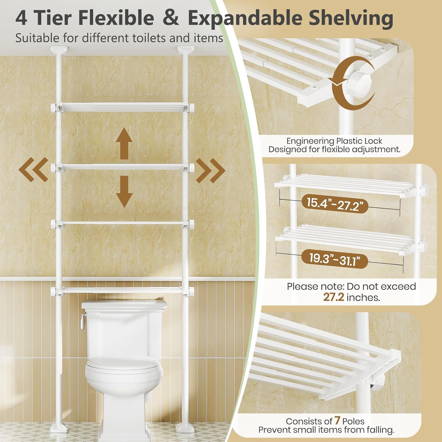 Over The Toilet Storage Shelf 4 Tier Adjustable Tension Mounted Metal Bathroom Organizer White