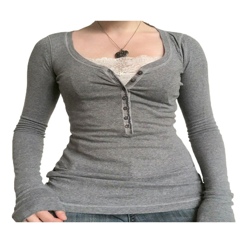 トップス LACE SQUARE HEART NECK SHORT SLEEVE GREY Women Vintage 2000s Long Sleeve T-Shirts Casual Lace