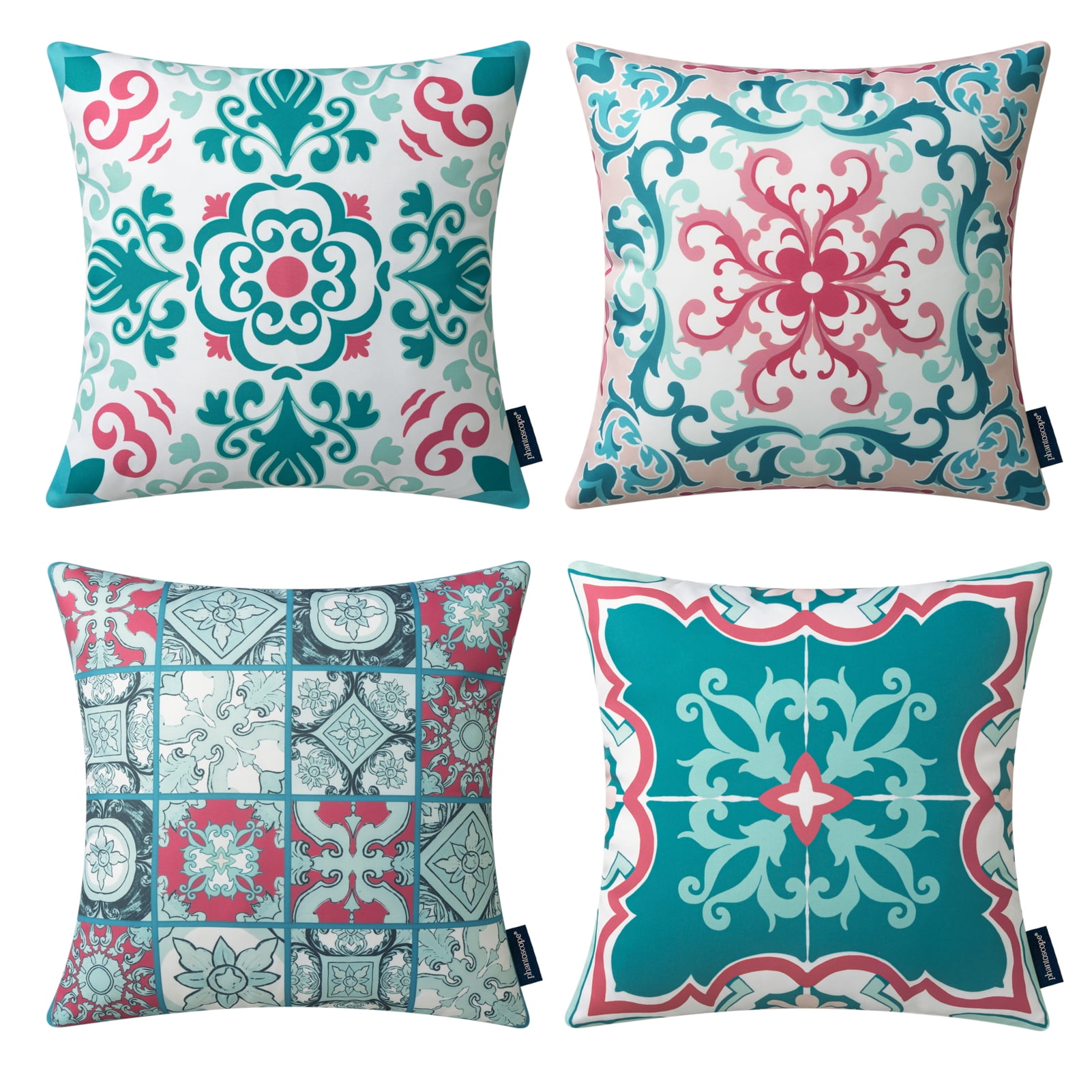 Phantoscope Set of 4 Outdoor Waterproof Faux Leather Throw Pillows Geometric Boho Decorative with Inserts for Patio Garden 18 x 18 inch Teal & Pink