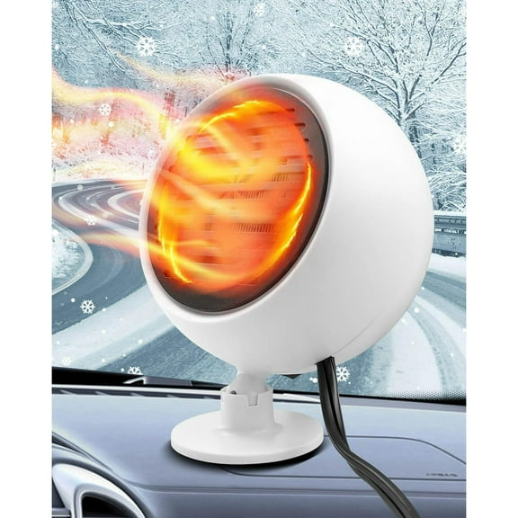 2 In 1 Car Heater Cooler Fan, 12V Car Heater Portable 180W Car Air Heater Mini Car Speed Cooling Fan Windshield Defroster Demister 360° Rotatable Heater and Defogger for Car, SUV and more,White