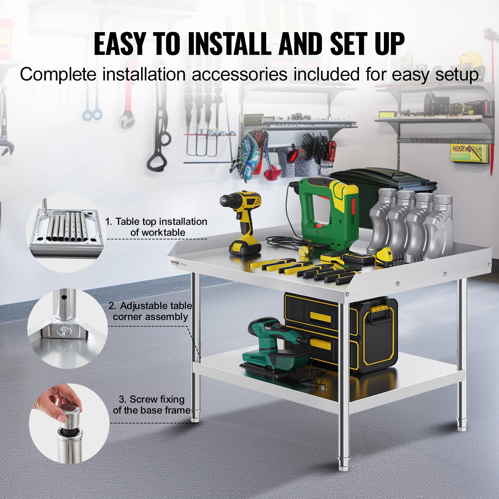 VEVOR Stainless Steel Work Table,30 x 36 x 26 Inch Commercial Food Prep Worktable,3-Sided Backsplash Heavy Duty Prep Worktable,Metal Work Table with Adjustable Height for Restaurant Home Hotel