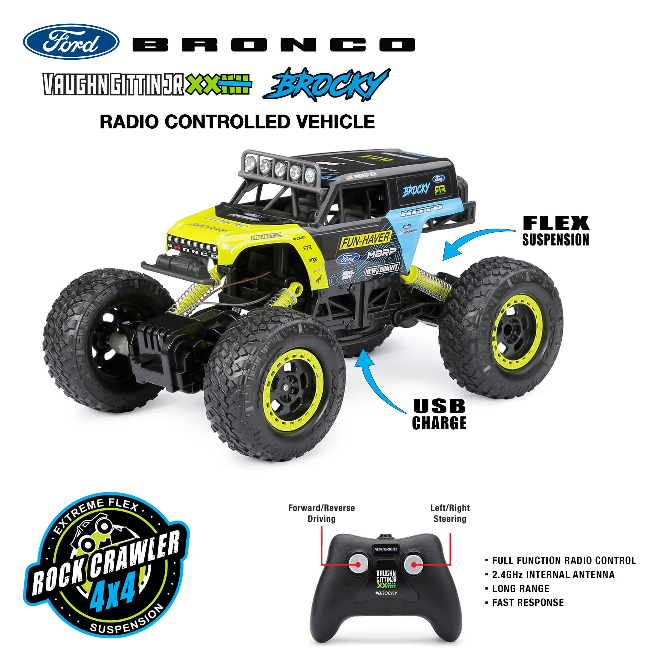 New Bright (1:15) Ford Bronco Battery Remote Control 4x4 Green Rock Crawler, 61538U Child