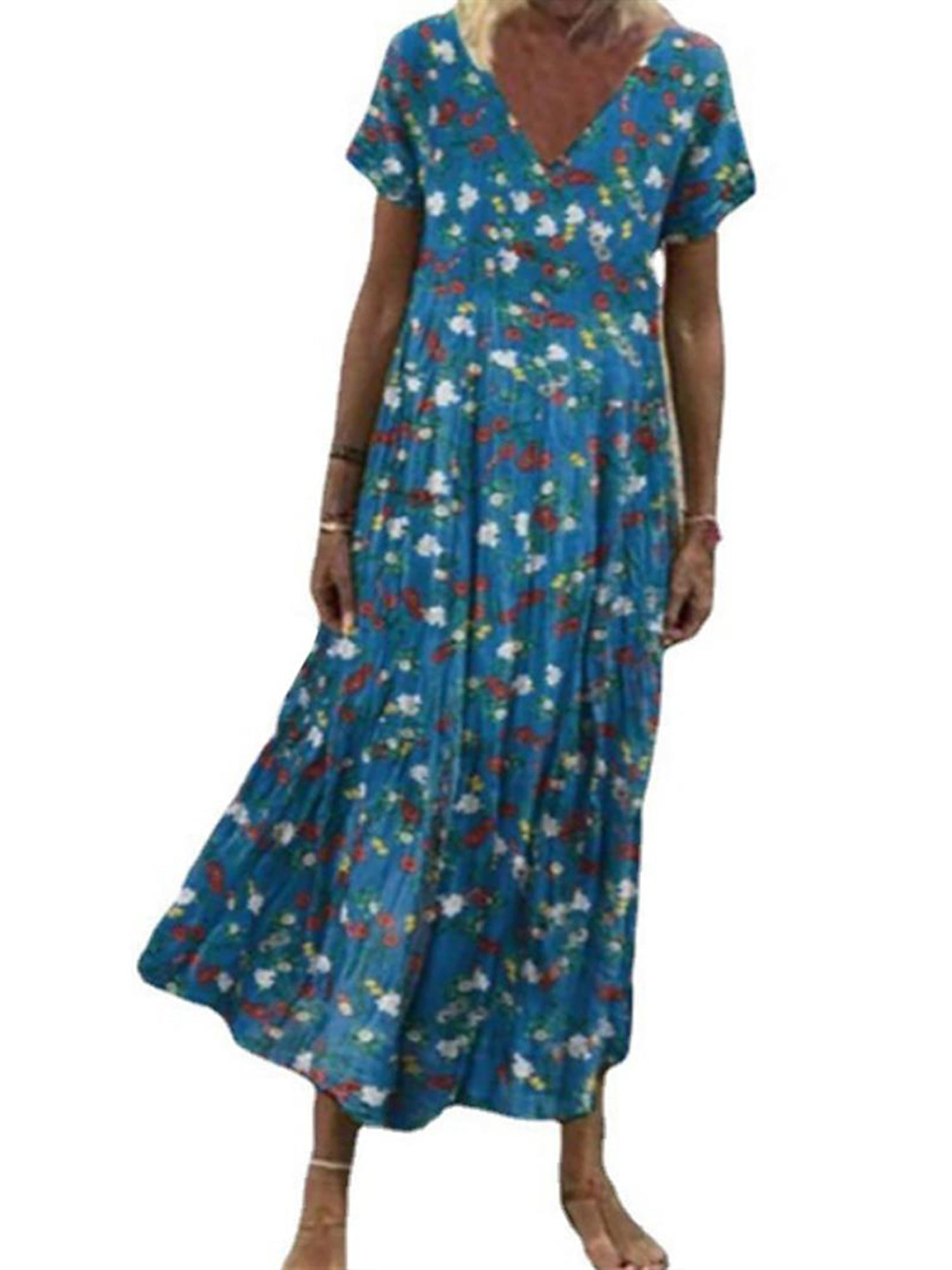 Tapsier Plus Size Women Floral Loose Maxi Dress V Neck Casual Beach ...