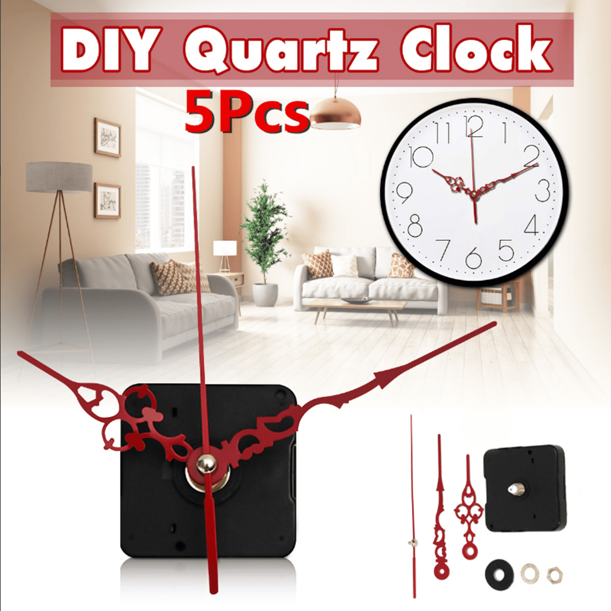 DIY Wall Quartz Clock Red Hands Spindle Movement Mechanism Silence Repair Parts 