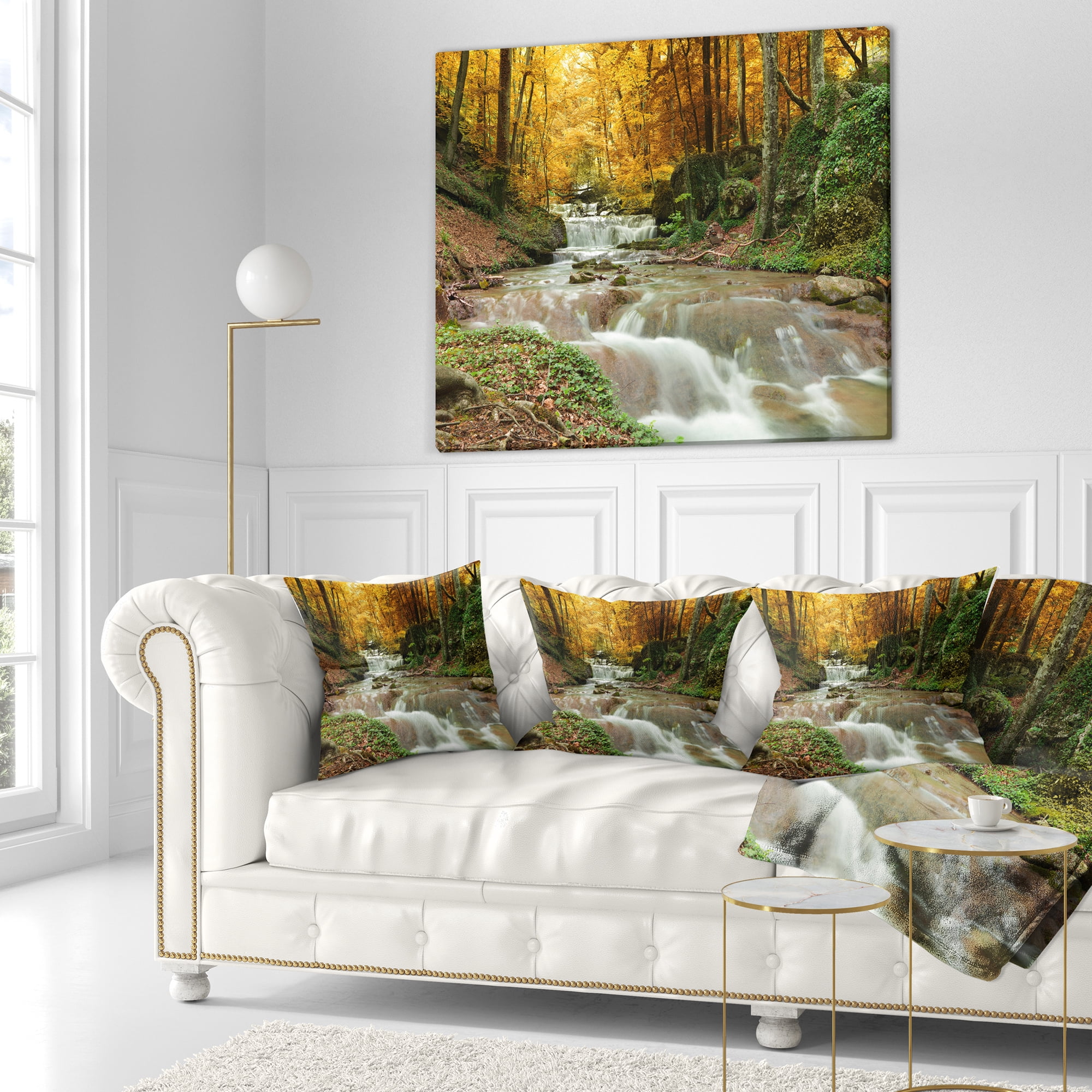 Designart Forest Waterfall with Yellow Trees - Landscape Printed Throw Pillow - 18x18