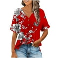 thumbnail image 2 of JTZGDY Henley Shirts for Women Cute Floral Pattern Printed Short Sleeve Button V Neck Graphic T-Shirts Loose Fit Dressy Tunic Blouse Red L, 2 of 7