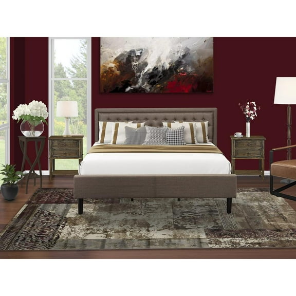 East West Furniture KD18K-2VL07 3 Pc Bed Set - King Size Platform Bed Brown Headboard with 2 Night Stand - Black Finish Legs