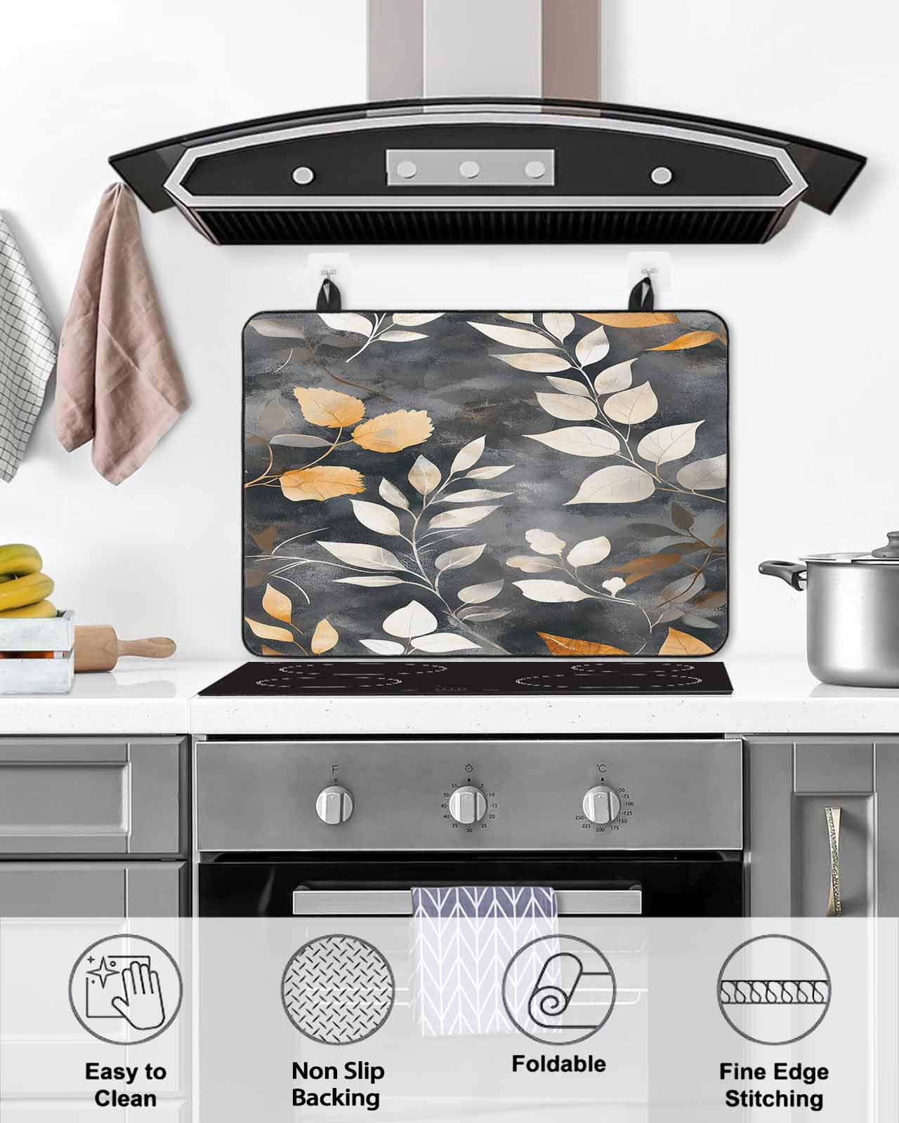 nqOlkjepod Large Induction Cooktop Protector Mat 24"x21", Vintage Leaves Stove Top Covers for Electric Stove, Vintage Botanical Leaf Plants Branches Stove Burner Cover Mats, Glass Top Stove Cover