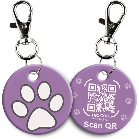 tag8 QR Code ID Tag for Dogs & Cats, Real-Time Scan Alerts, Online Pet Info Access, No Subscription or Fees, Durable Pet Tag for Collars - Purple