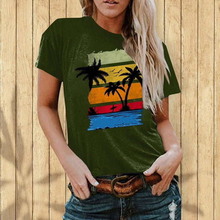 ZQGJB Womens Hawaiian Aloha Beach Hawaiian Palm Trees Sunset Retro T-Shirt  Casual Short Sleeve Round Neck Pullover Tees Holiday Gift Shirt Green XXL