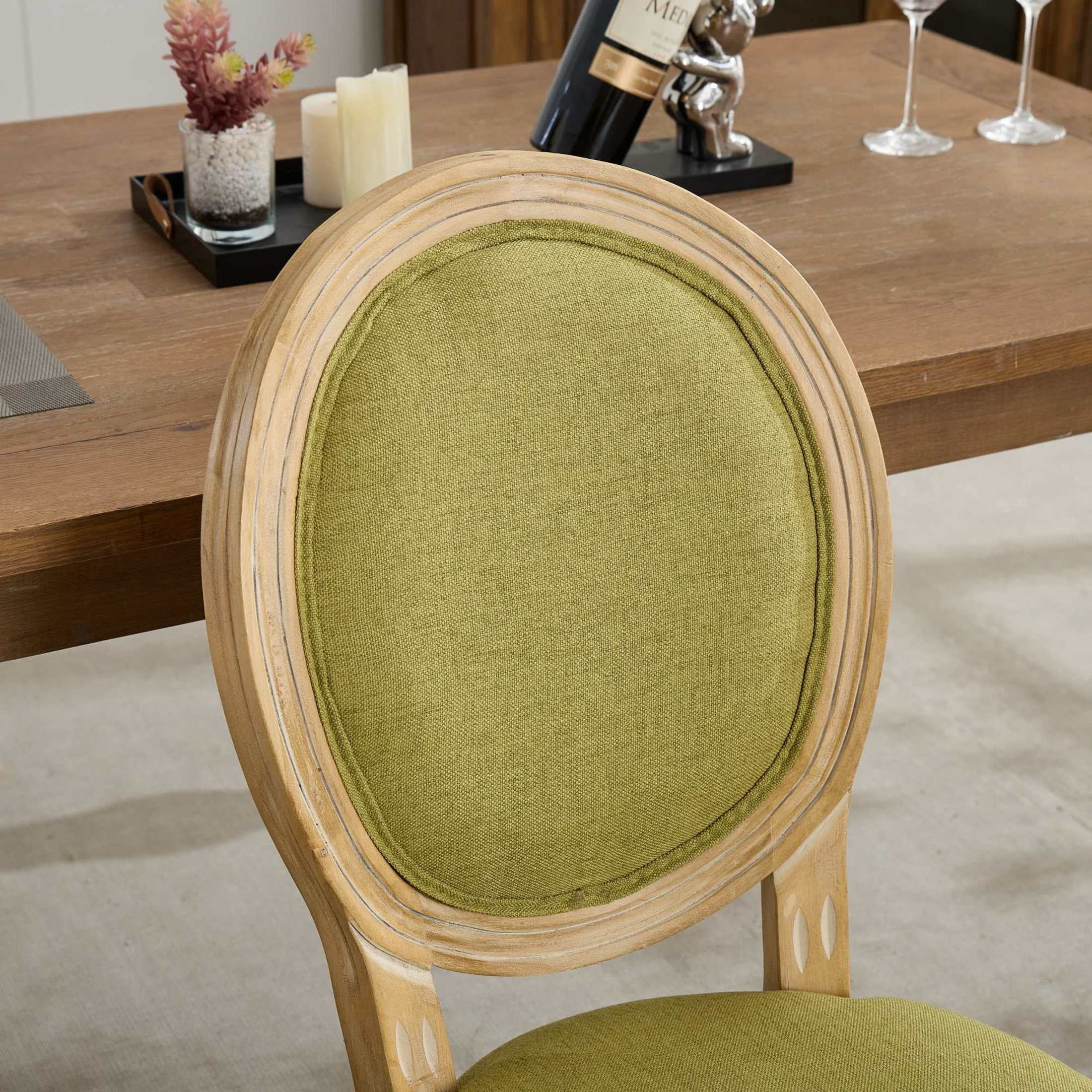 GDF Studio 23.4" French Dining Chairs Set of 2 with Linen Fabric Upholstery, Solid Rubberwood Frame, Olive Green