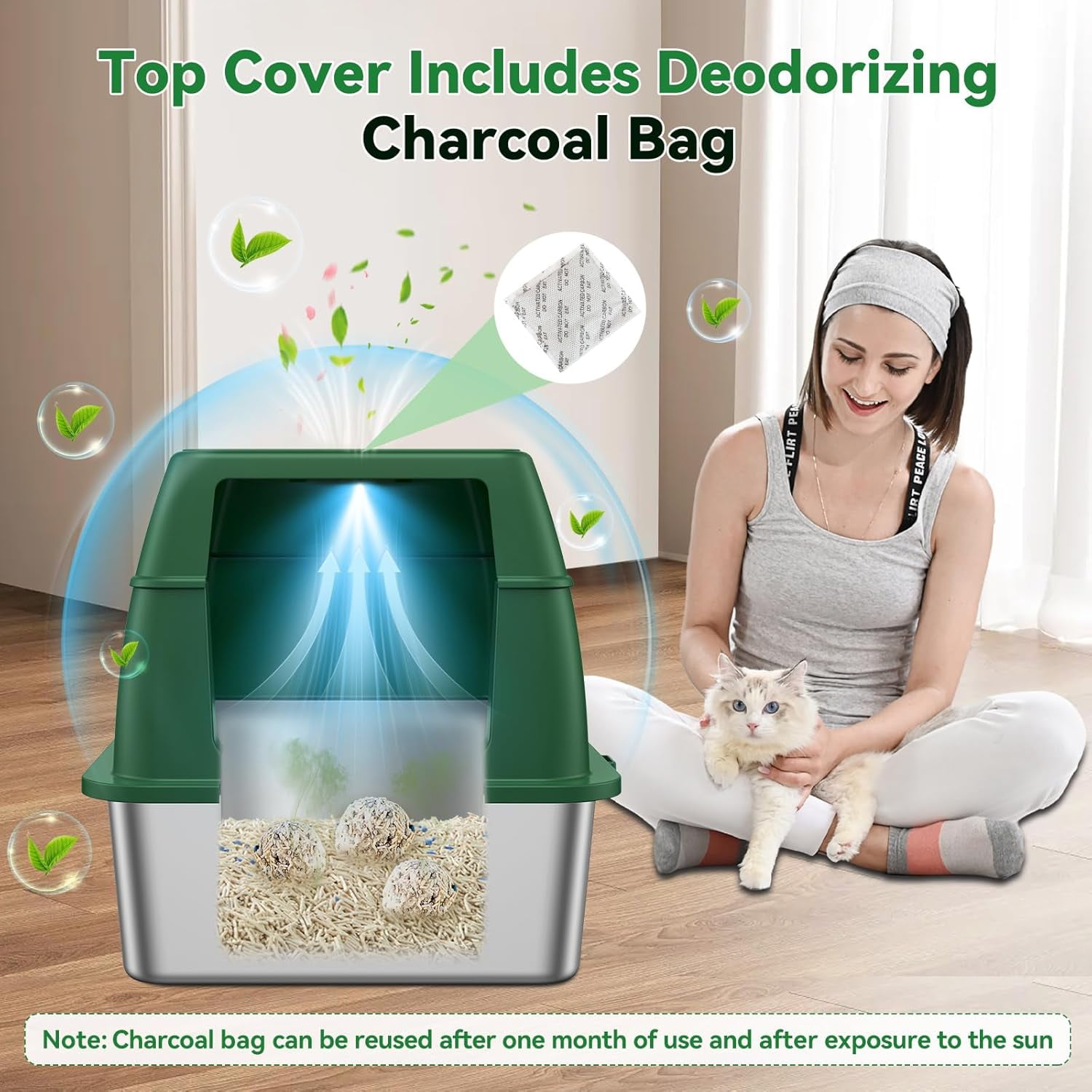 Stainless Steel Cat Litter Box with Removable Lid,Free in & Out Covered Metal Litter Box,Large Enclosed Litter Box with Litter Scoop & Mat, Easy Cleaning, Odor Free,Anti-Leakage for Kitty(Green)