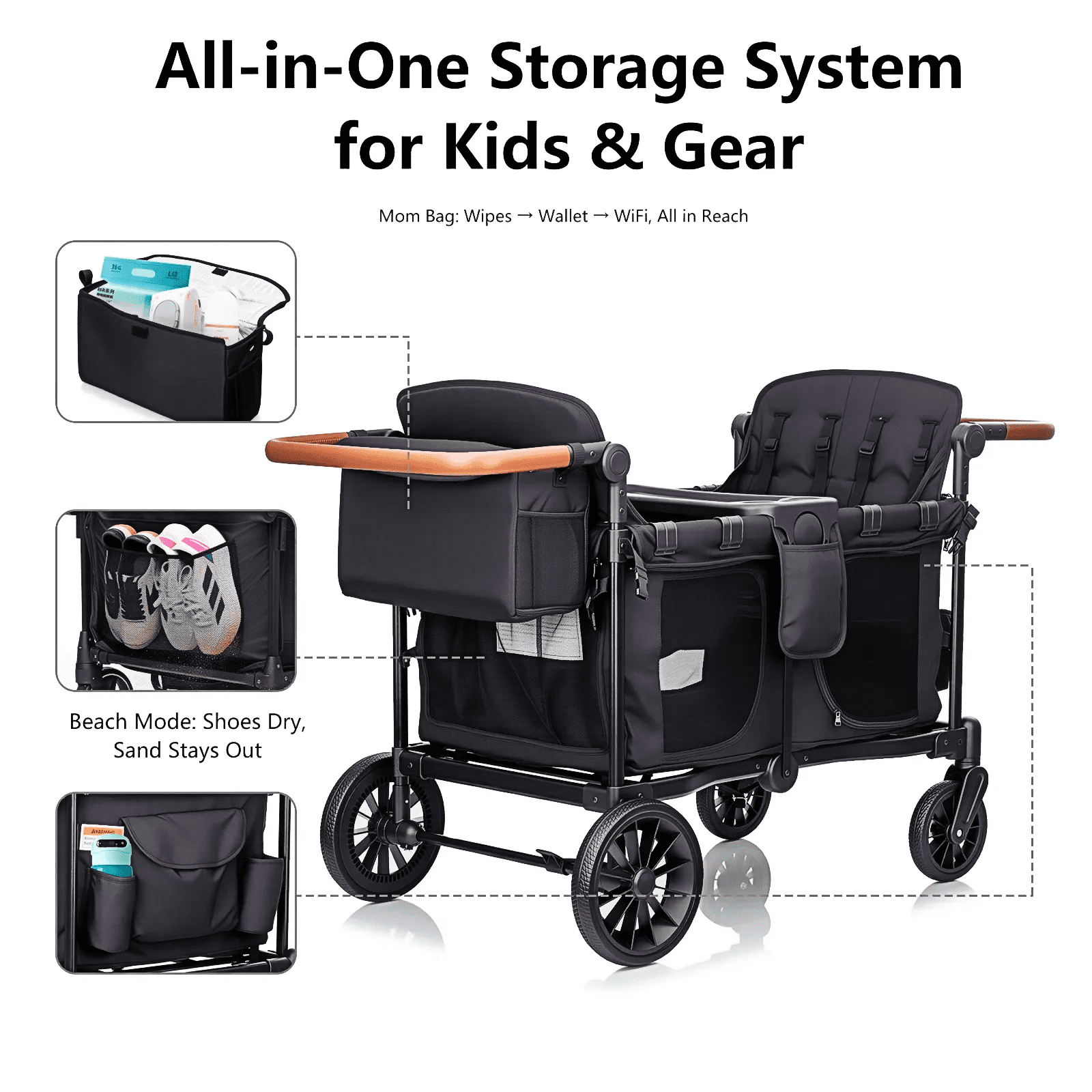 4 Kids Wagon Stroller Push-Pull - Lightweight Travel Fold Tandem Trolley with 5-Point Harness,Adjustable Canopy&Handle,Snack Tray,Storage,Mom Bag,All-Terrain Wheels for Beach Travel Camping Shopping